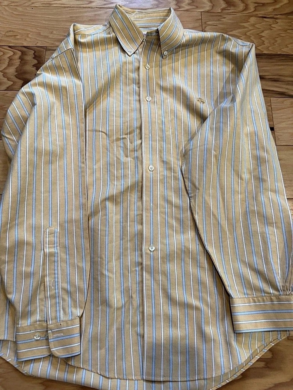 Brooks Brothers Shirt Mens Large Yellow Blue Striped Supima Cotton Non Iron